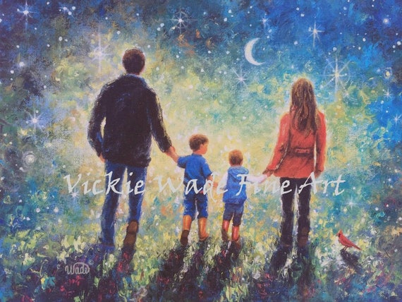 Family Two Boys Art Print Evening Walk Father Mother Two Sons Starry Night Twilight Walk Wall Art Vickie Wade