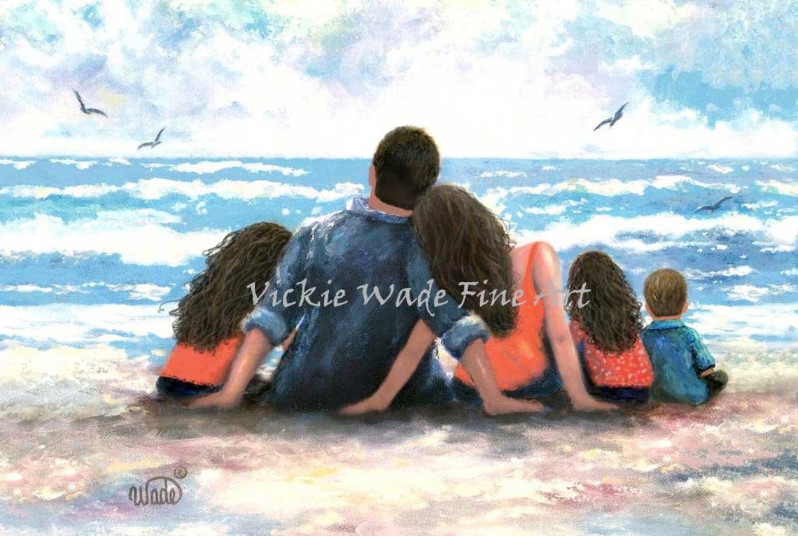 Beach Family Three Children Art Print Mother Father Two Daughters And Son Latino Family Three Kids Two Girls And Boy Vickie Wade Art