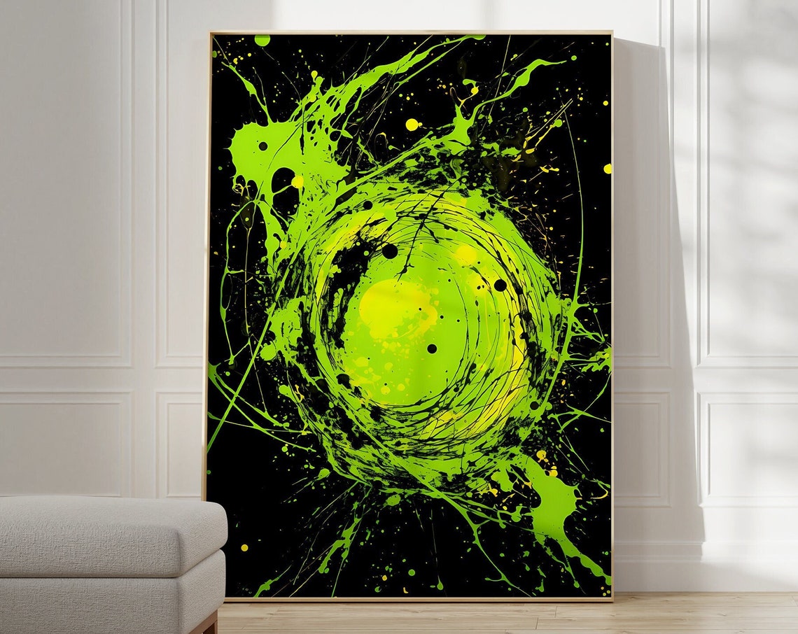 Jackson Pollock Style Lime Green Swirl Black Abstract Art Poster