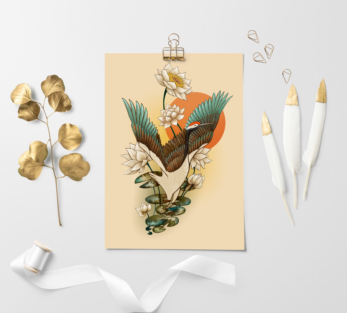 Red Crowned Crane Japanese Style Lotus Flower Orange Sun Art Poster
