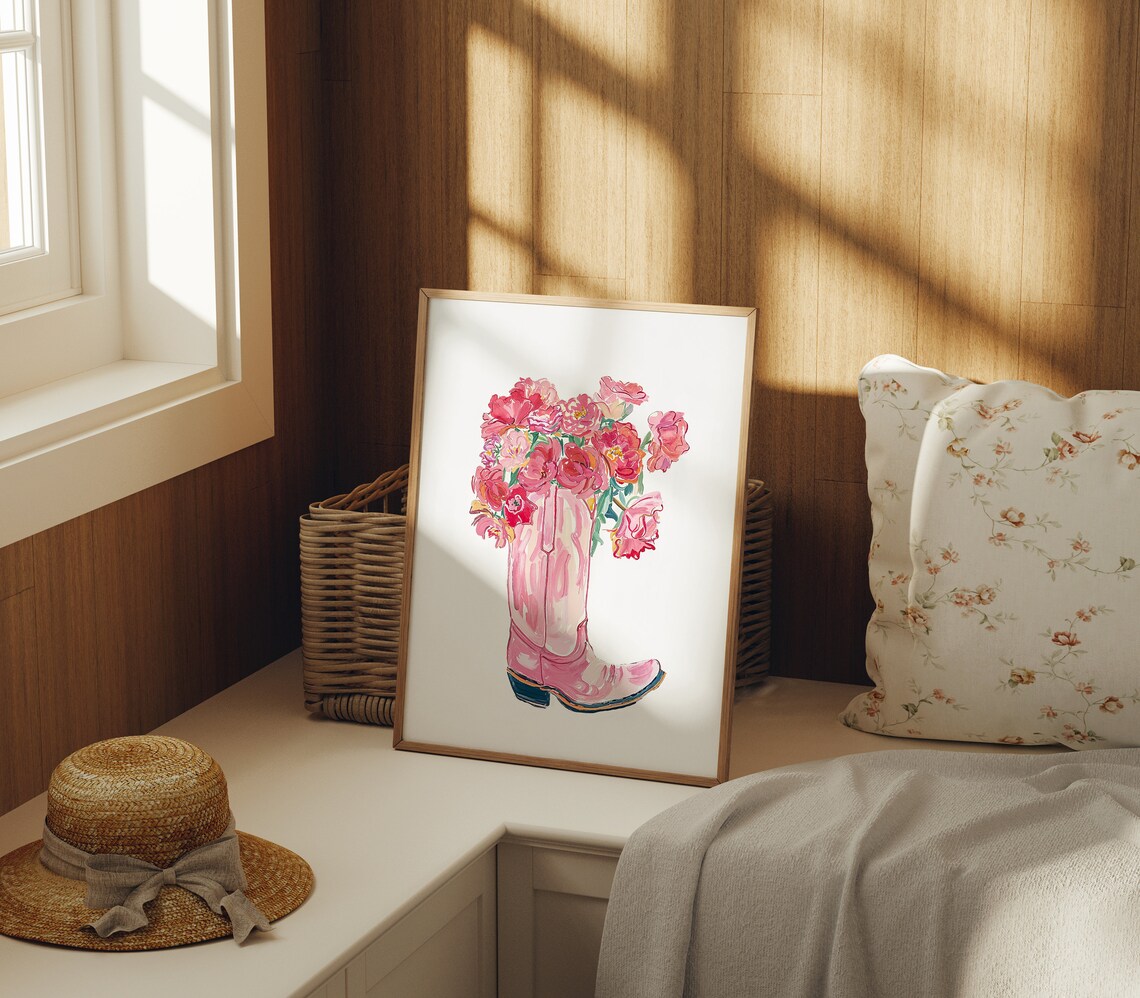 Pink Cowgirl Boot with Roses Floral Western Nursery Art Poster - Image 2