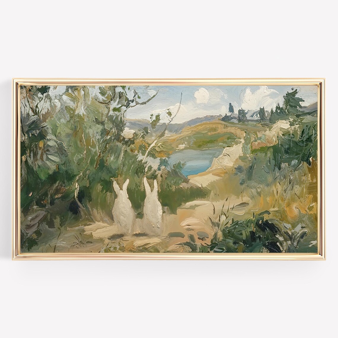 White Rabbits Textured Abstract Painting Lakeside Hillside View Poster - Image 4