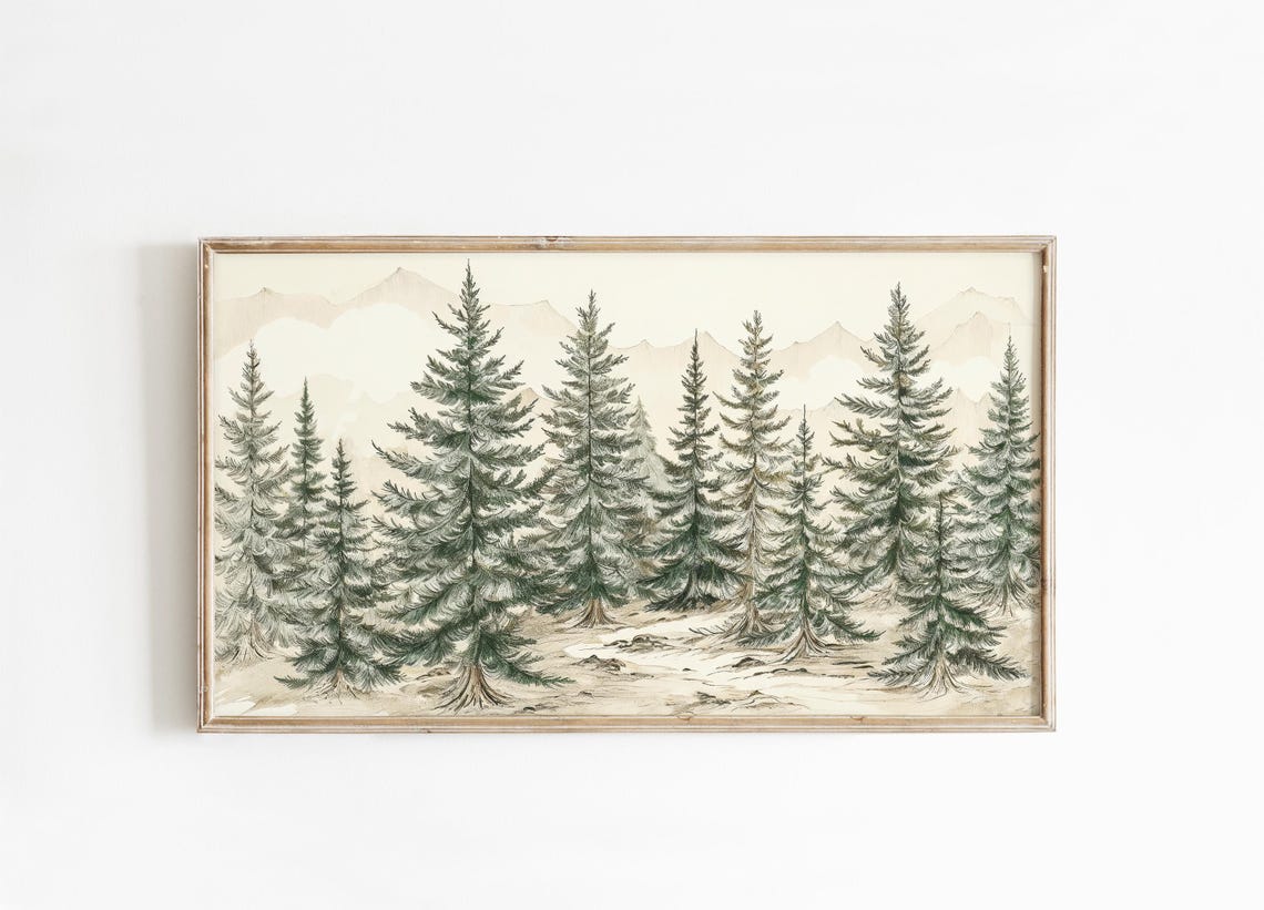 Watercolor Evergreen Pine Trees Snowy Mountains Neutral Winter Poster