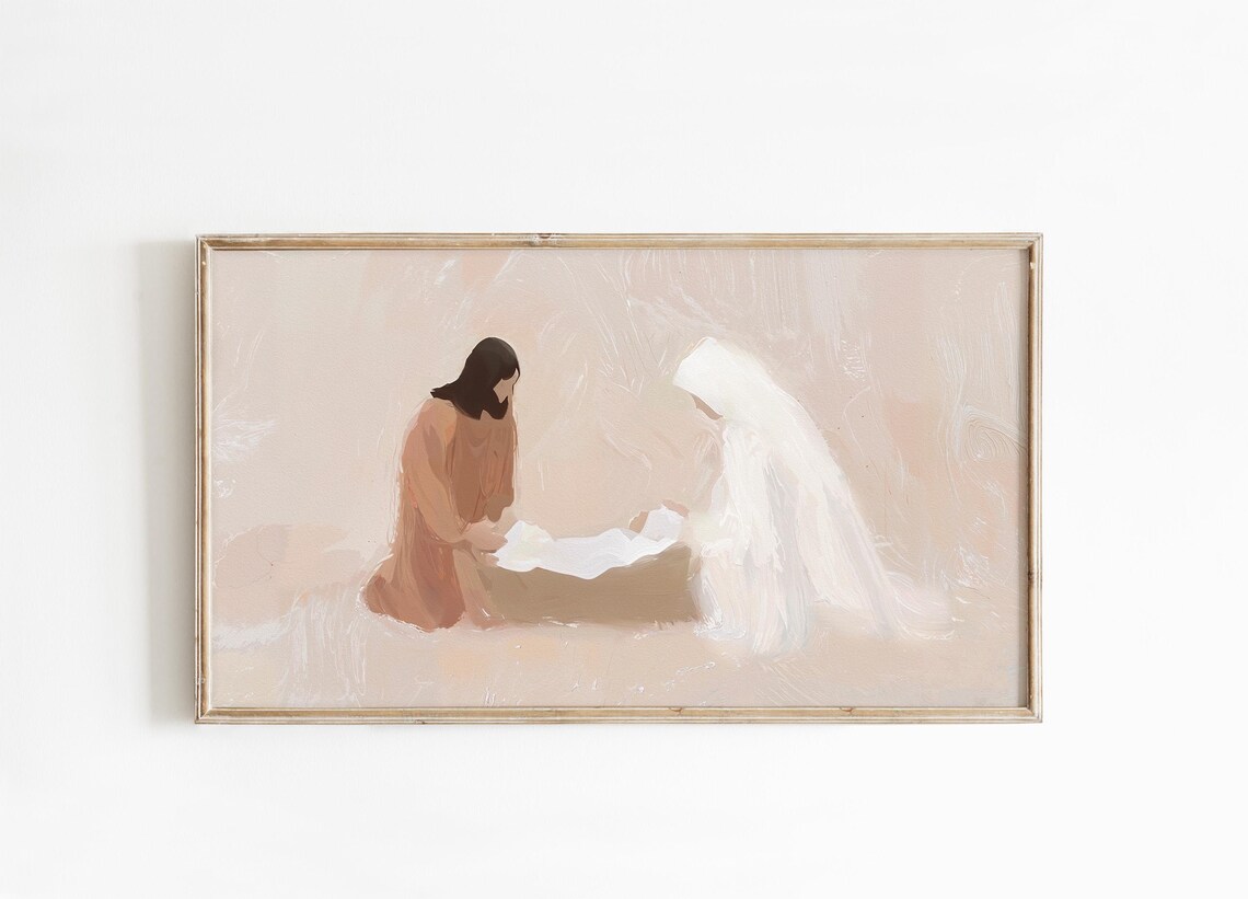 Abstract Nativity Painting Mary Joseph Baby Jesus Neutral Art Poster
