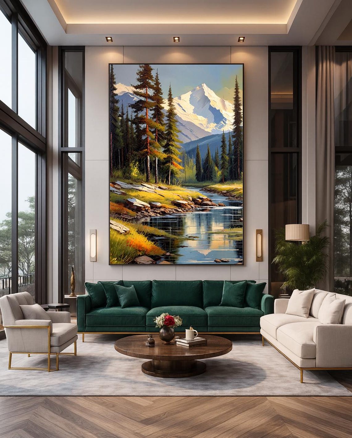 Mountain River Print Tranquil Nature Scene Rustic Cabin Farmhouse Wall Art