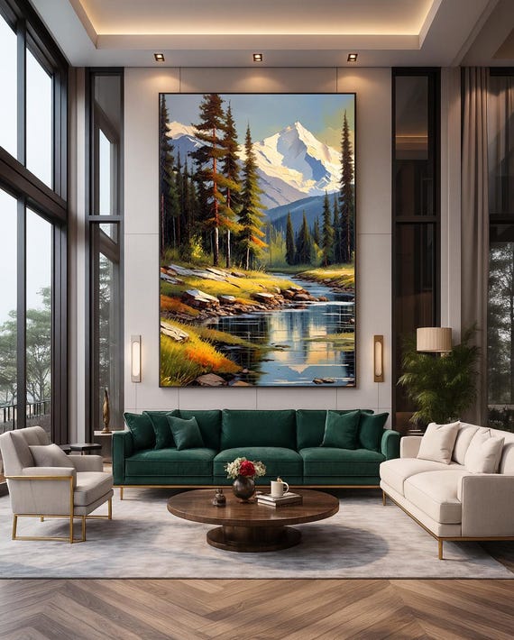 Mountain River Print Tranquil Nature Scene Rustic Cabin Farmhouse Wall Art