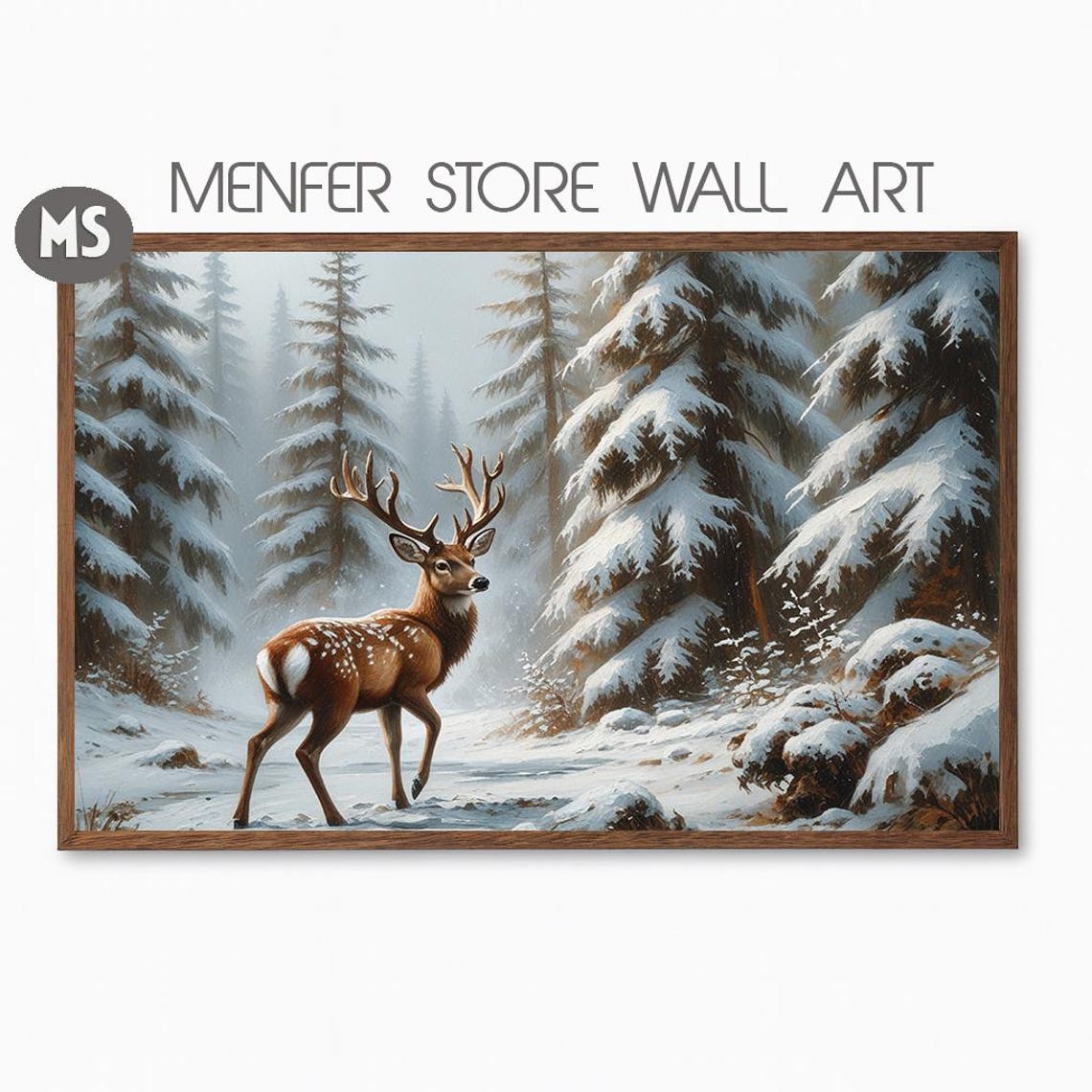 Majestic Stag in Snowy Pine Forest Winter Wildlife Art Poster