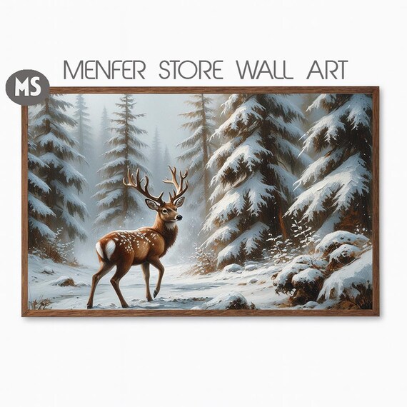 Majestic Deer In Snowy Forest Winter Wildlife Wall Art Print