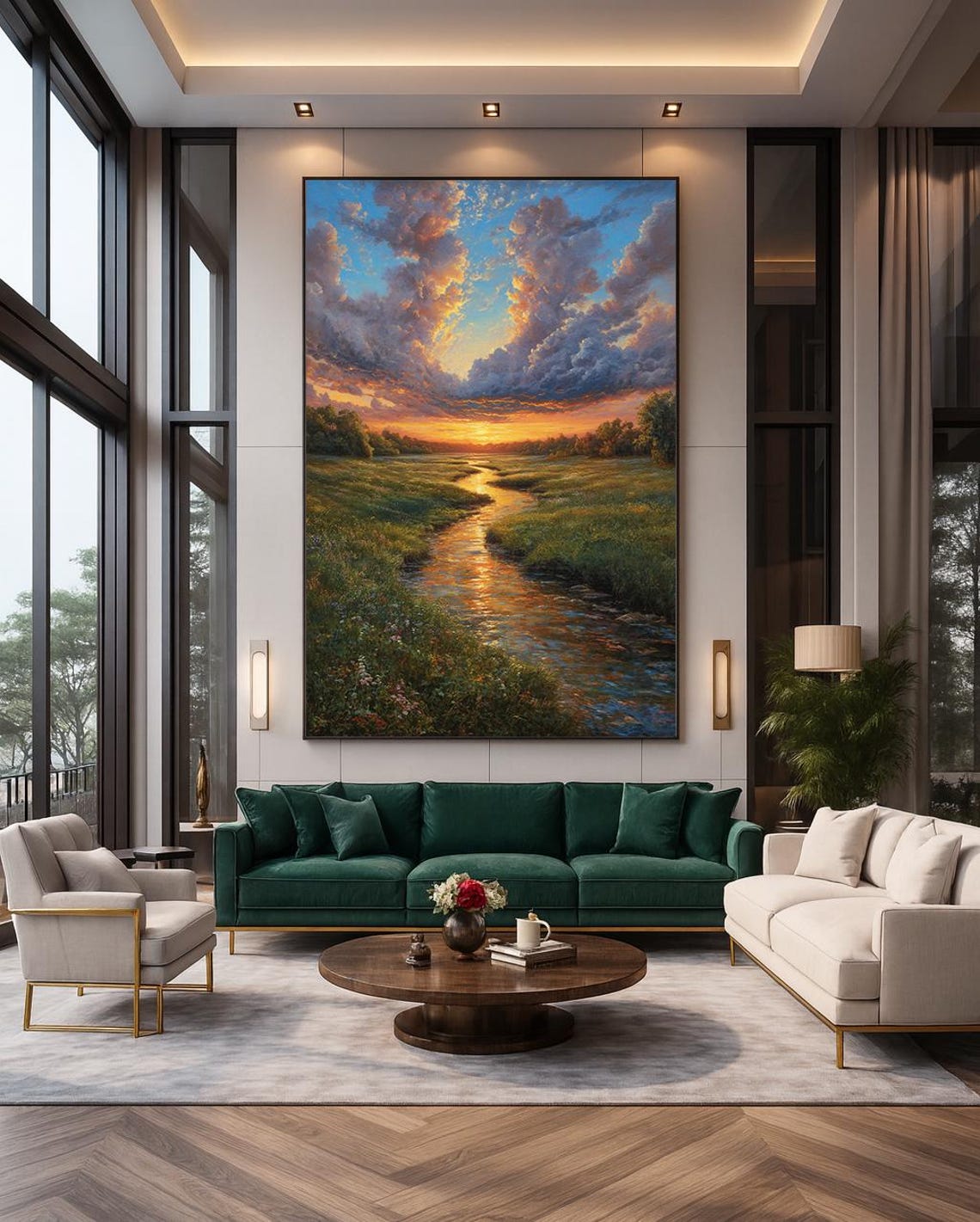 Golden Sunset River Over Green Fields Peaceful Nature Landscape Poster