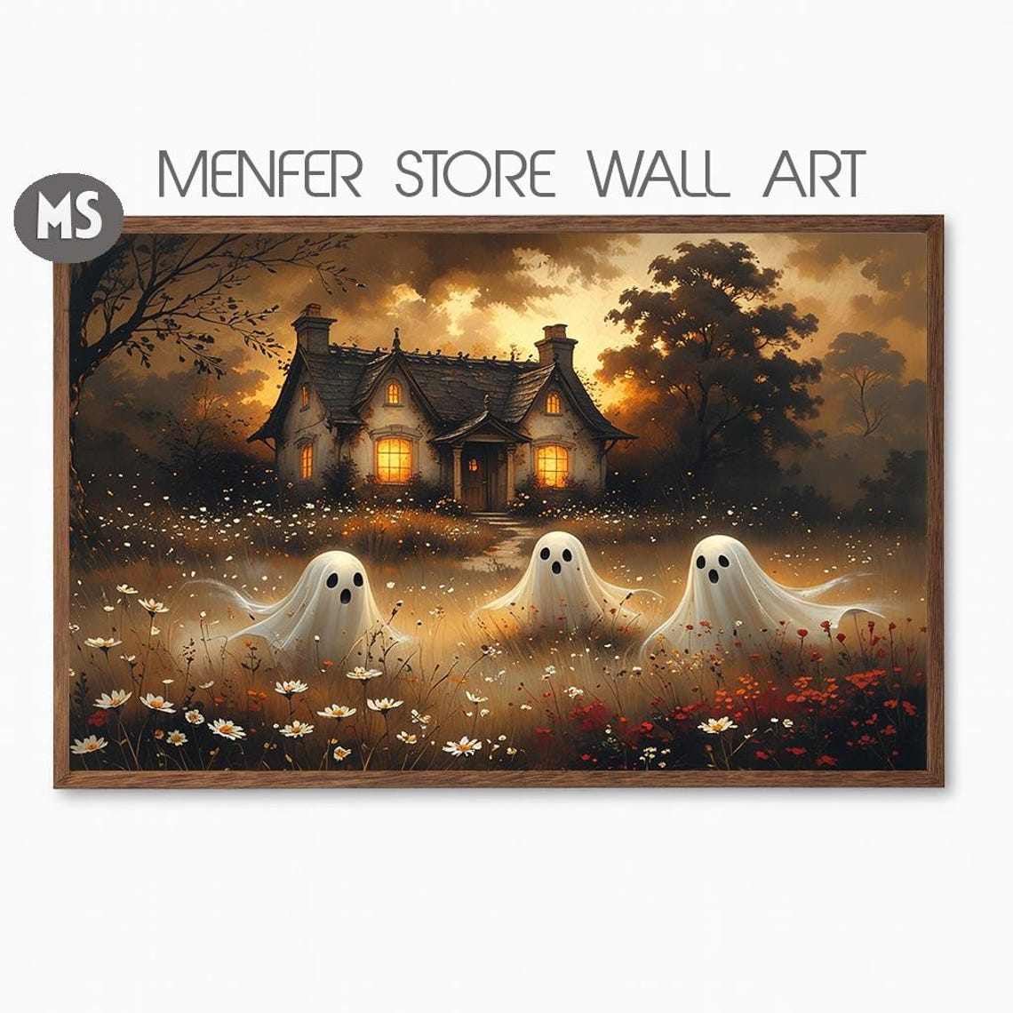 Haunted Cottage Ghosts Wall Art Spooky Halloween Print