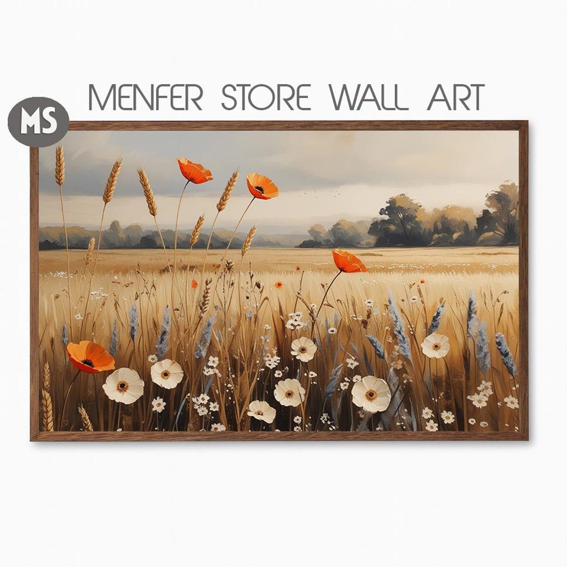 Golden Wheat Field Red Poppies Wildflowers Countryside Wall Art