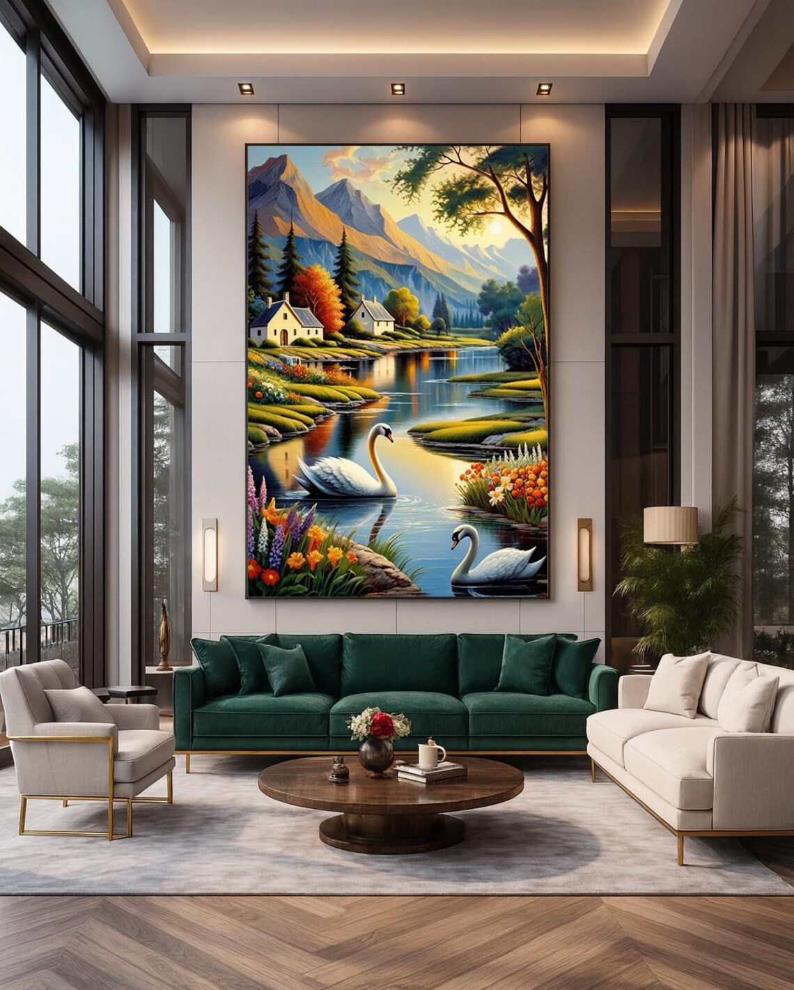 Serene Swans Mountain Lake Cottages Wildflower Meadow Art Poster