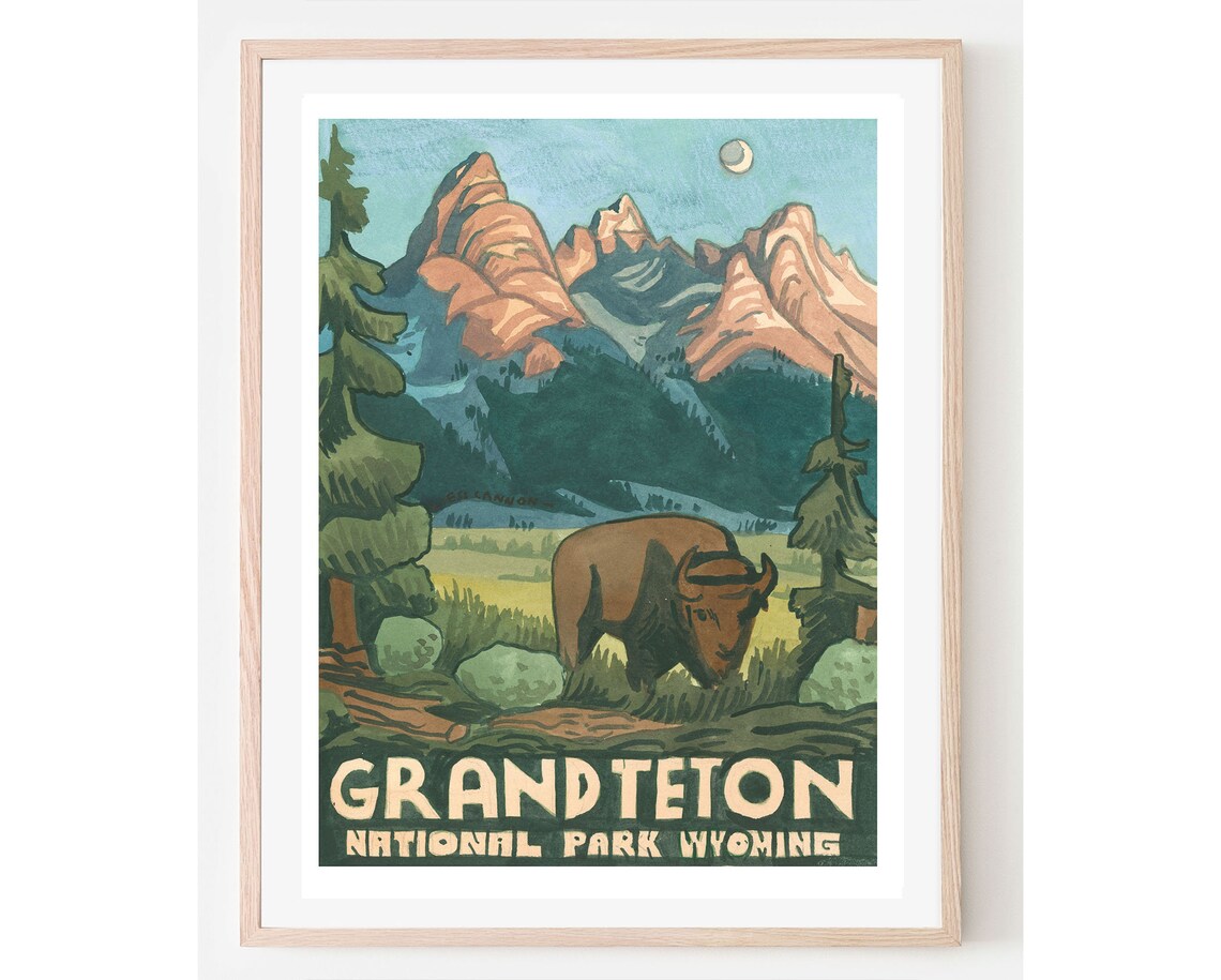 Grand Teton National Park Wyoming Vintage Bison Travel Poster