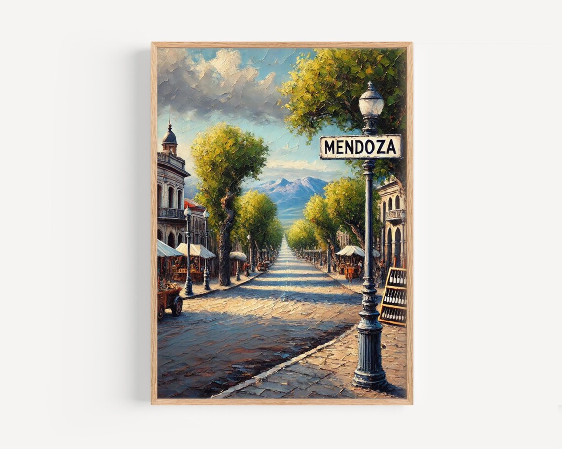 Mendoza Argentina Tree Lined Mountain Street Wine Country Travel Poster