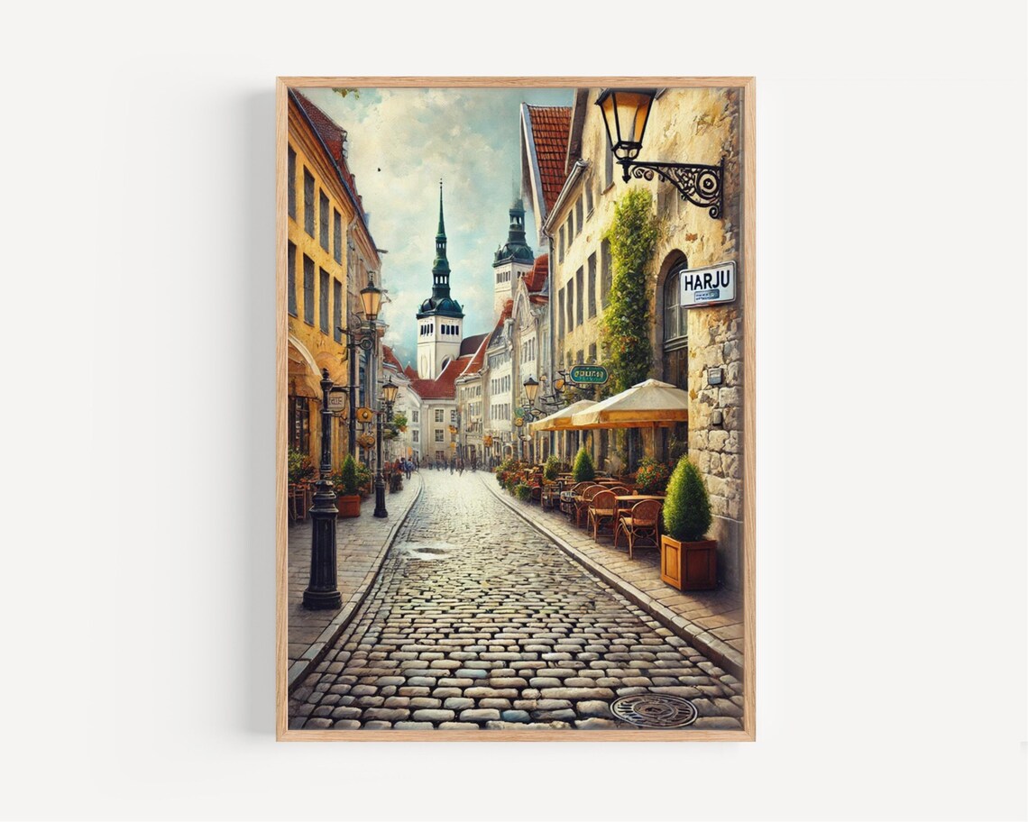 Harju Street Tallinn Estonia Medieval Old Town Scene Art Poster
