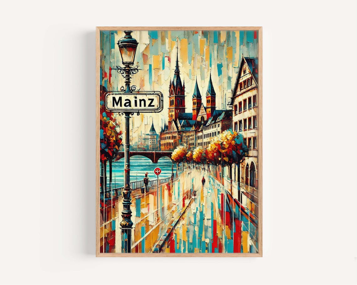 Mainz Germany Riverside Oil Painting Cathedral Old Town Poster