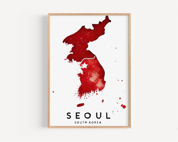 Seoul South Korea Red Watercolor Peninsula Map Travel Poster