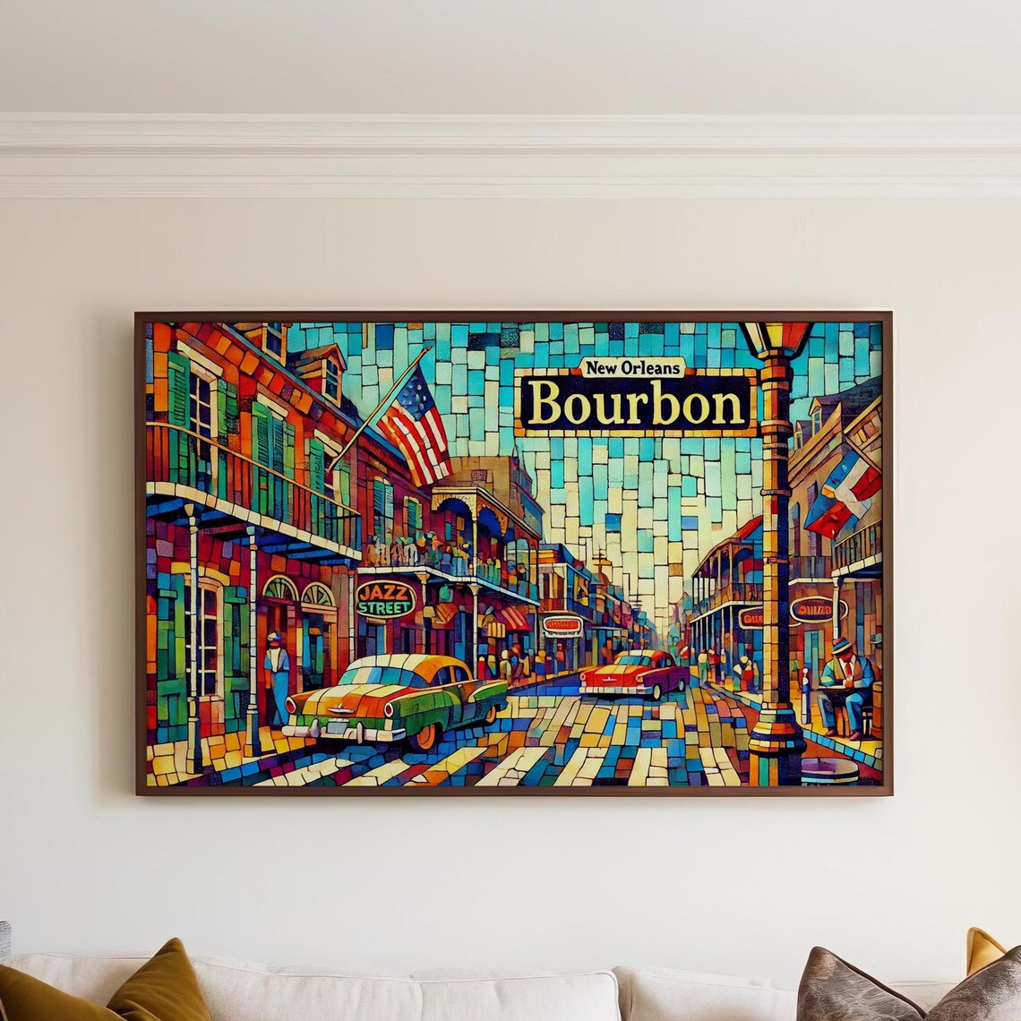 Bourbon Street New Orleans Classic Cars Mosaic Street Art Poster