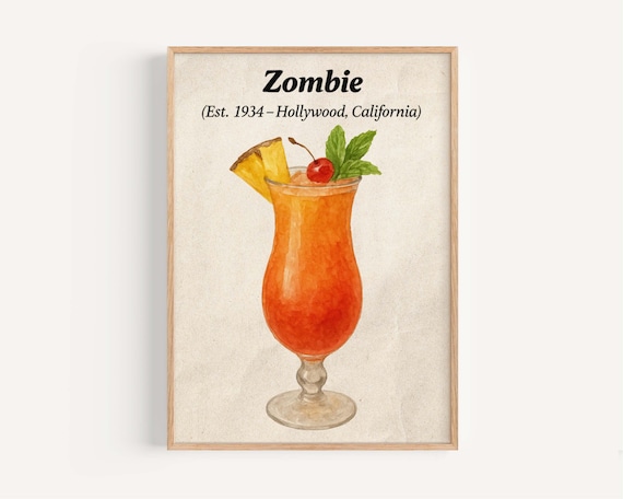 Zombie Tiki Cocktail Watercolor Hollywood Tropical Bar Poster