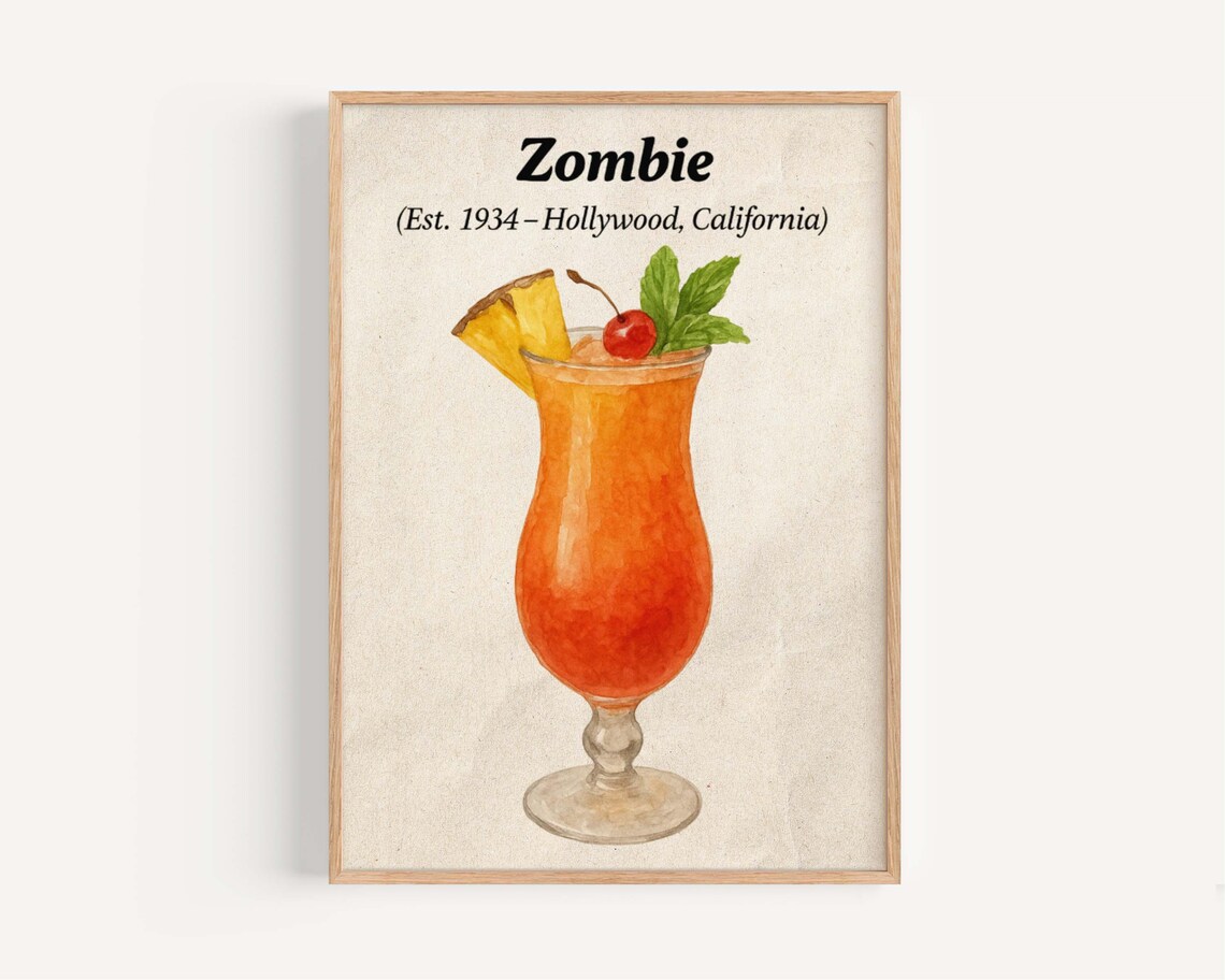 Zombie Tiki Cocktail Watercolor Hollywood Tropical Bar Poster