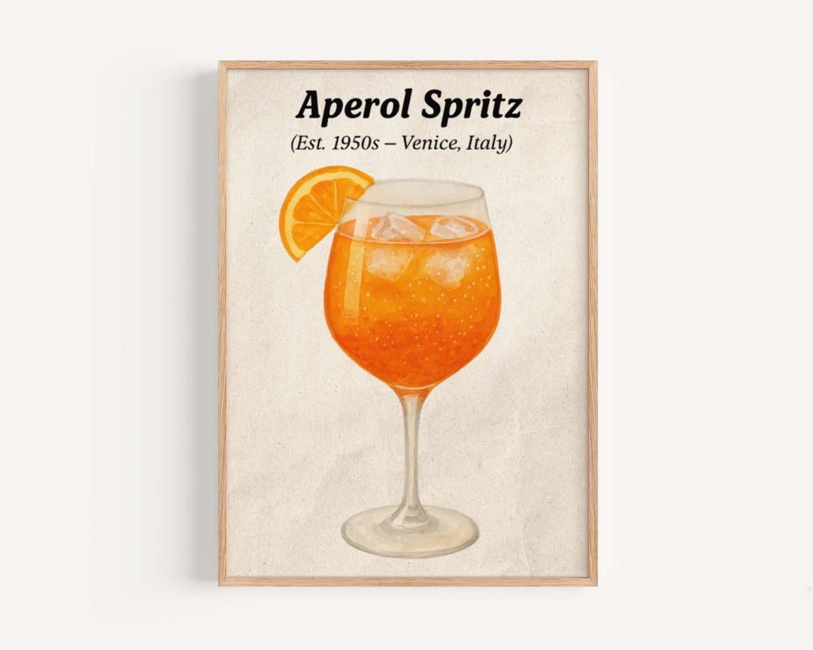 Aperol Spritz Venice Italy 1950s Cocktail Recipe Vintage Bar Poster