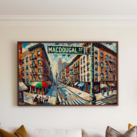 New York Art Macdougal Street Wall Print Travel Poster Ny Gift Housewarming Decor Vintage Cityscape Illustration