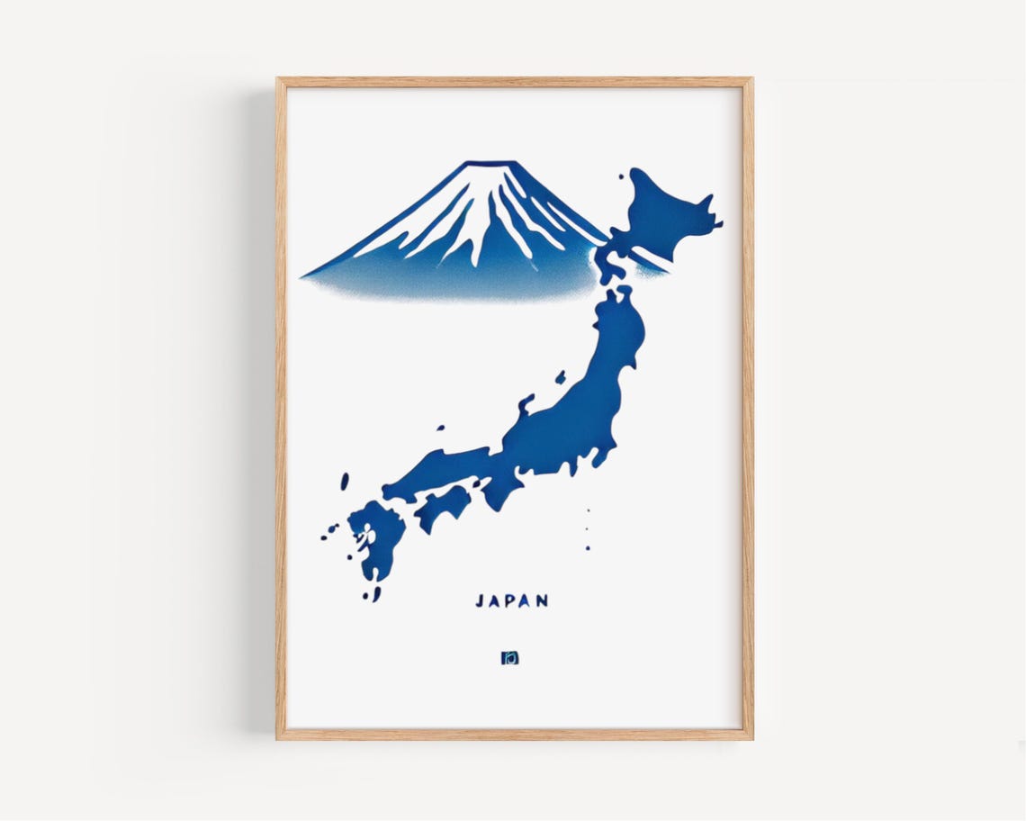 Japan Blue Watercolor Country Map With Mount Fuji Travel Poster