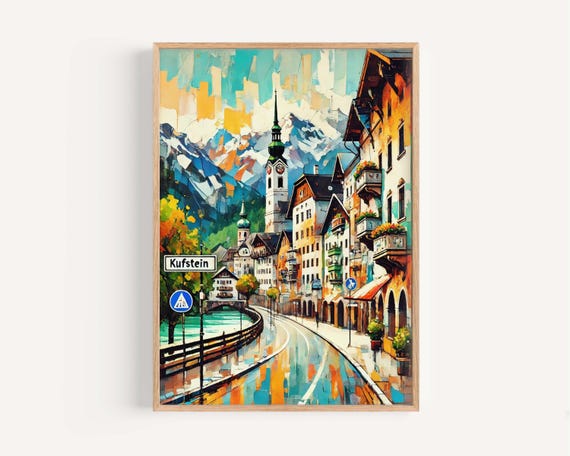 Kufstein Art Austria City Wall Print Travel Poster European Home Decor Housewarming Gift Scenic Landscape Illustration