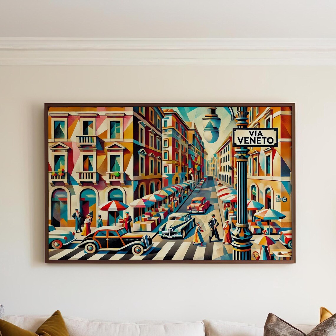 Via Veneto Rome Cubist Street Scene Classic Cars Italy Poster