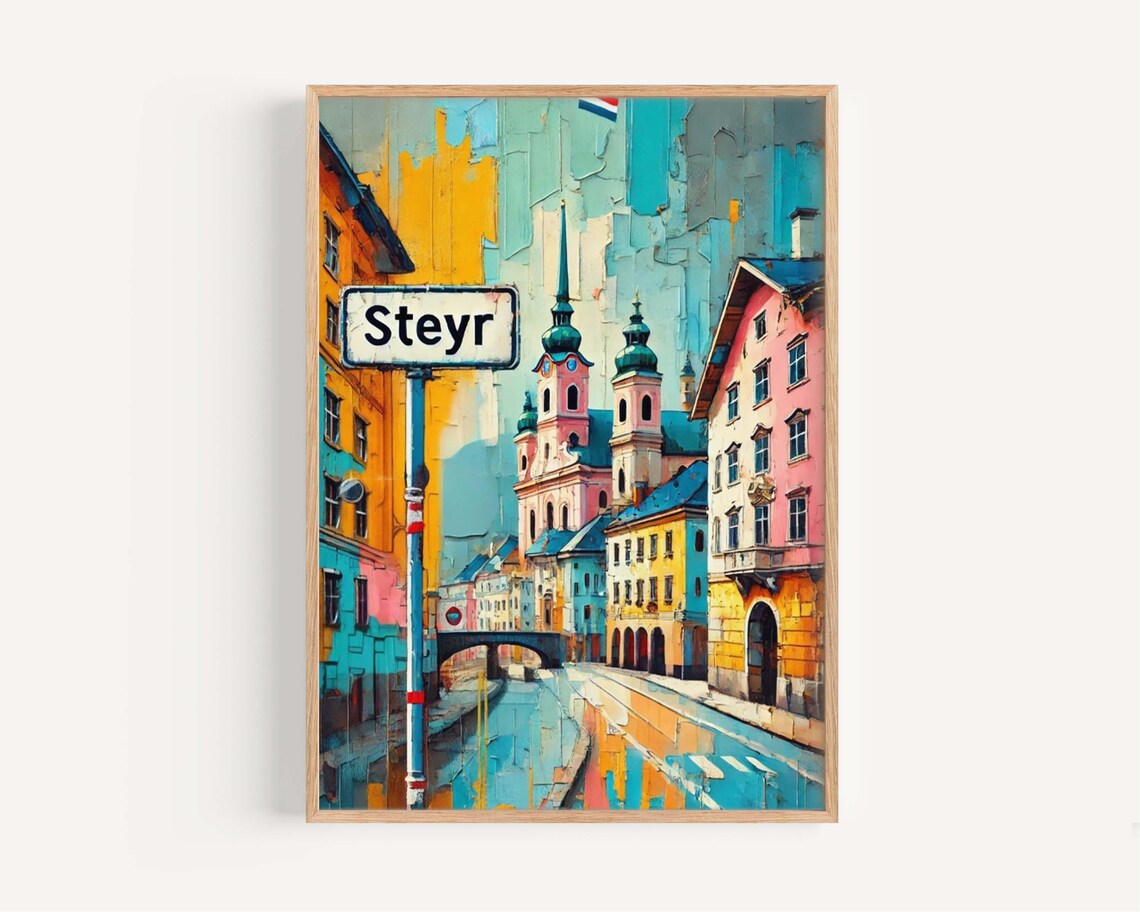 Steyr Austria Colorful Painted Old Town Street Scene Travel Poster
