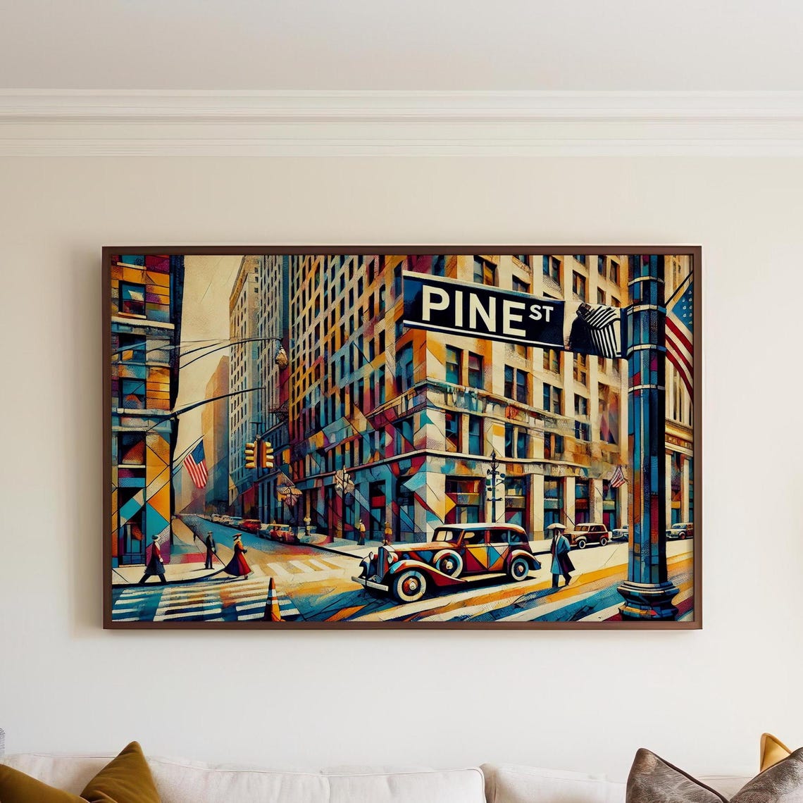 Pine Street Manhattan Cubist Vintage Car Art Deco Scene Poster