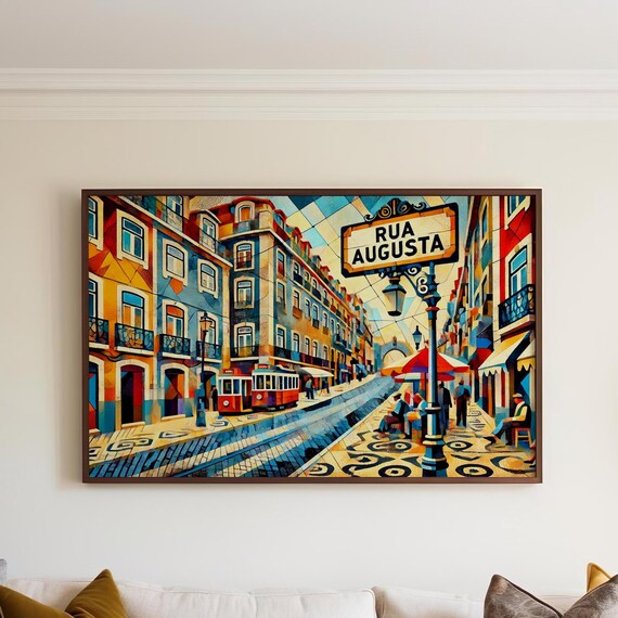 Rua Augusta Lisbon Vintage Streetcar Mosaic Streetscape Poster