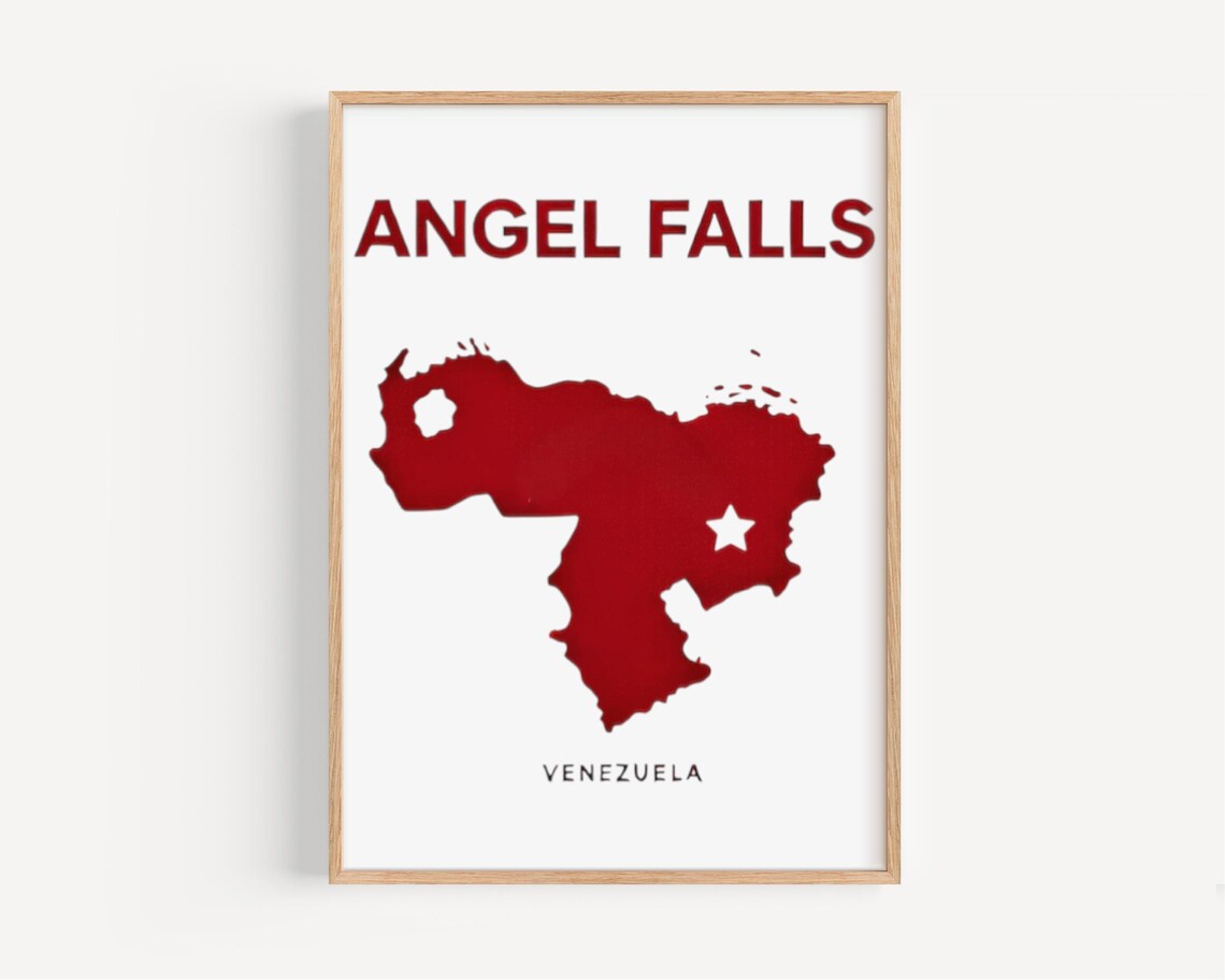 Angel Falls Venezuela Red Country Map Silhouette Travel Poster