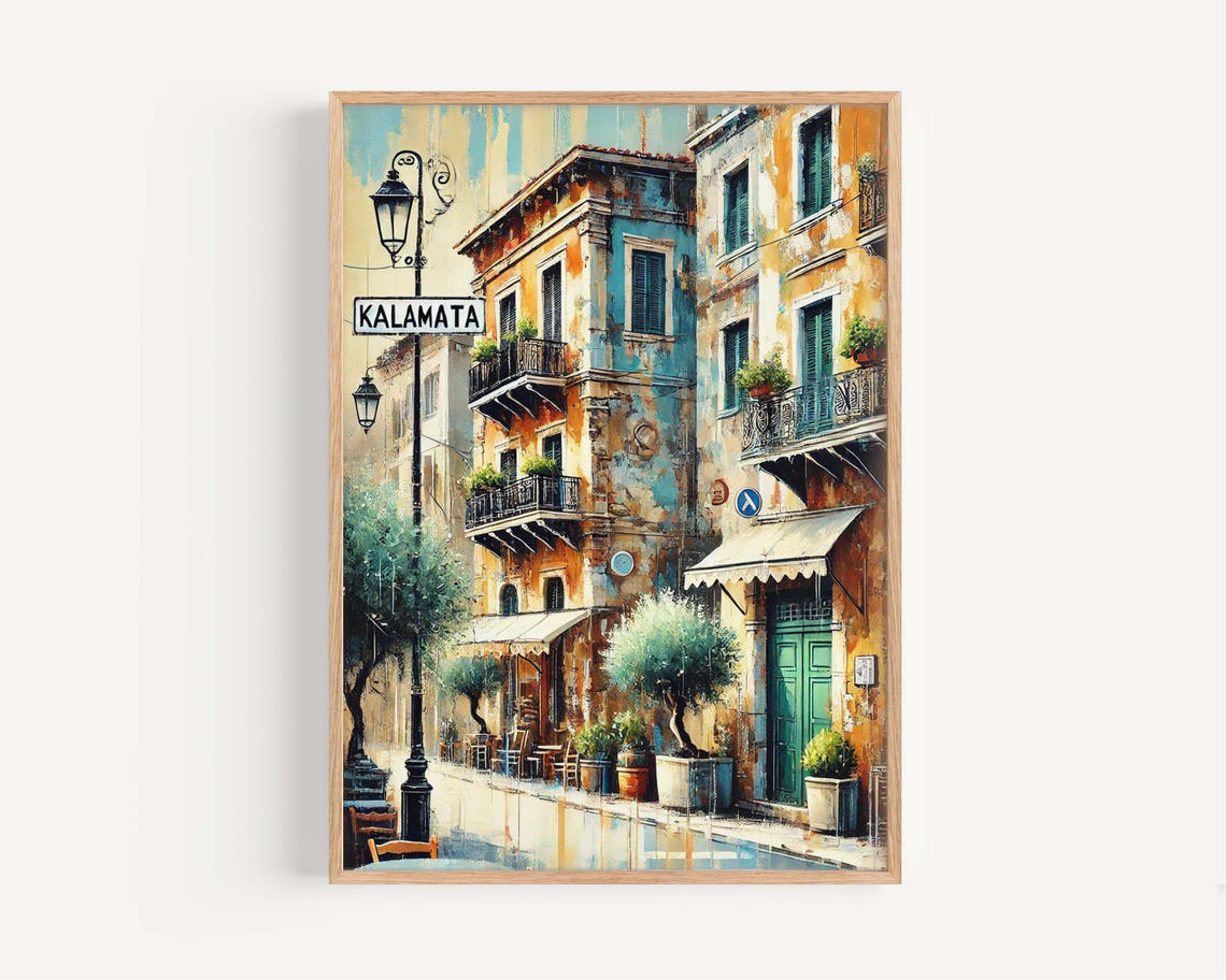 Kalamata Greece Old Town Street Painting Olive Trees Travel Poster