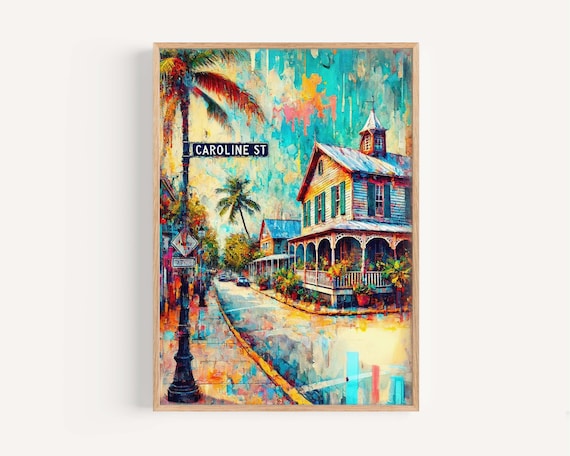 Caroline Street Key West Florida Colorful Palm Tree Scene Poster