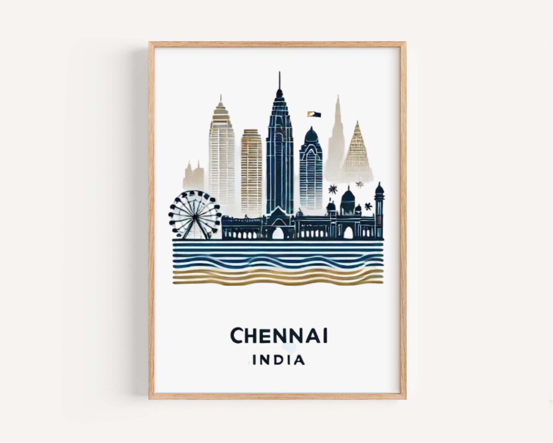 Chennai India Skyline Minimalist Navy and Gold Travel Poster