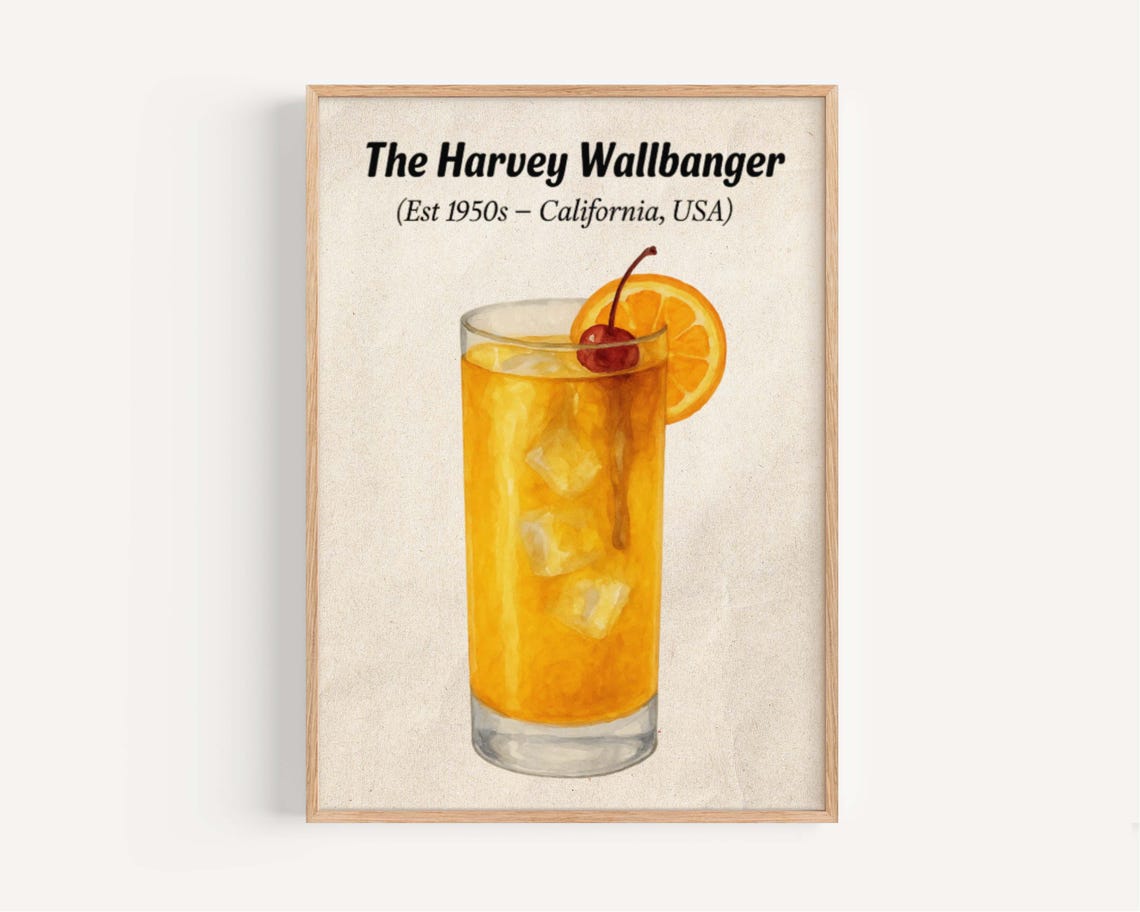 The Harvey Wallbanger 1950s Orange Cocktail Watercolor Bar Art Poster