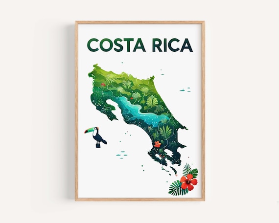Costa Rica Lush Watercolor Jungle Map With Toucan Travel Poster