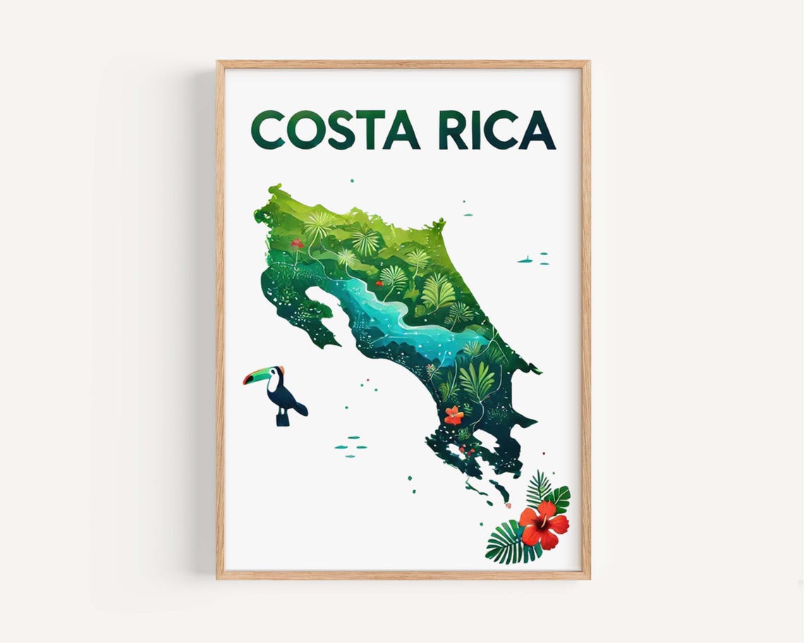 Costa Rica Lush Watercolor Jungle Map With Toucan Travel Poster