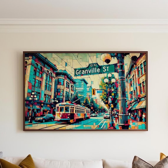 Granville Street Vancouver Colorful Streetcar Mosaic Scene Poster