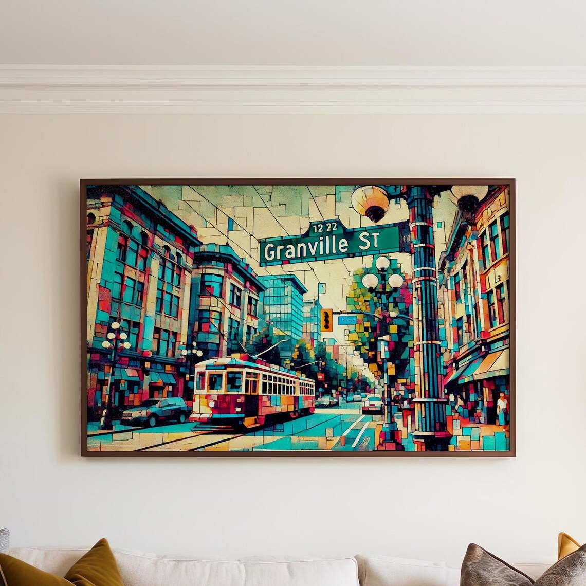 Granville Street Vancouver Colorful Streetcar Mosaic Scene Poster