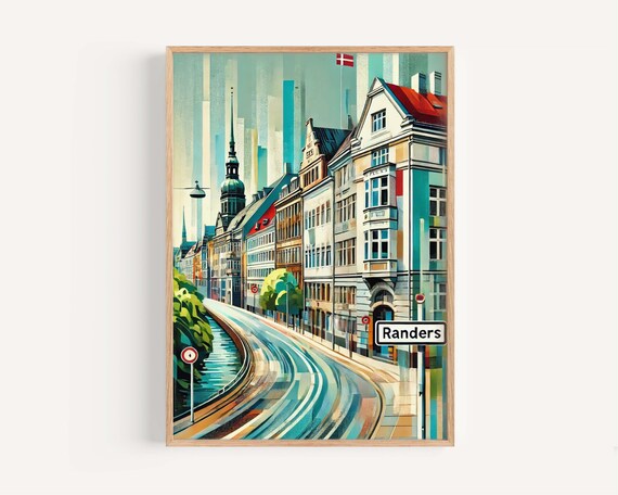 Randers Denmark Riverside Canal Street Scene Art Travel Poster