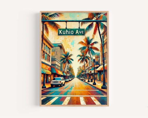 Kuhio Avenue Honolulu Hawaii Palm Street Vintage Travel Poster Art