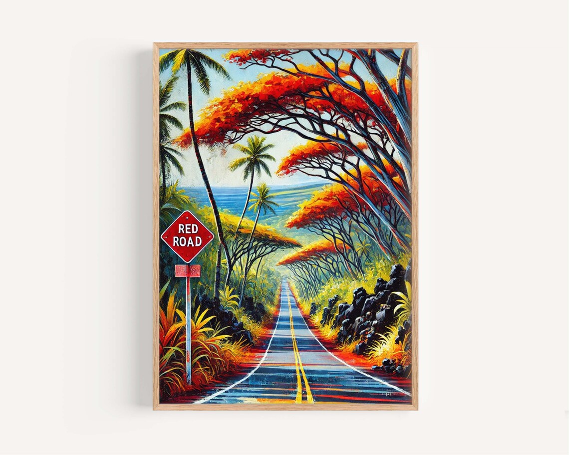Red Road Puna Hawaii Travel Poster Fiery Trees Over Coastal Jungle Drive