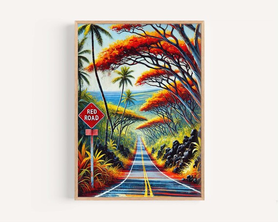 Red Road Puna Hawaii Travel Poster Fiery Trees Over Coastal Jungle Drive