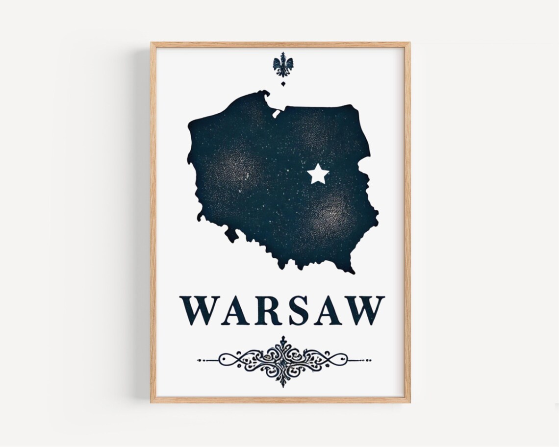 Elegant Warsaw Poland Starred Country Silhouette Map Travel Poster