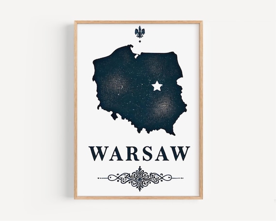 Elegant Warsaw Poland Starred Country Silhouette Map Travel Poster