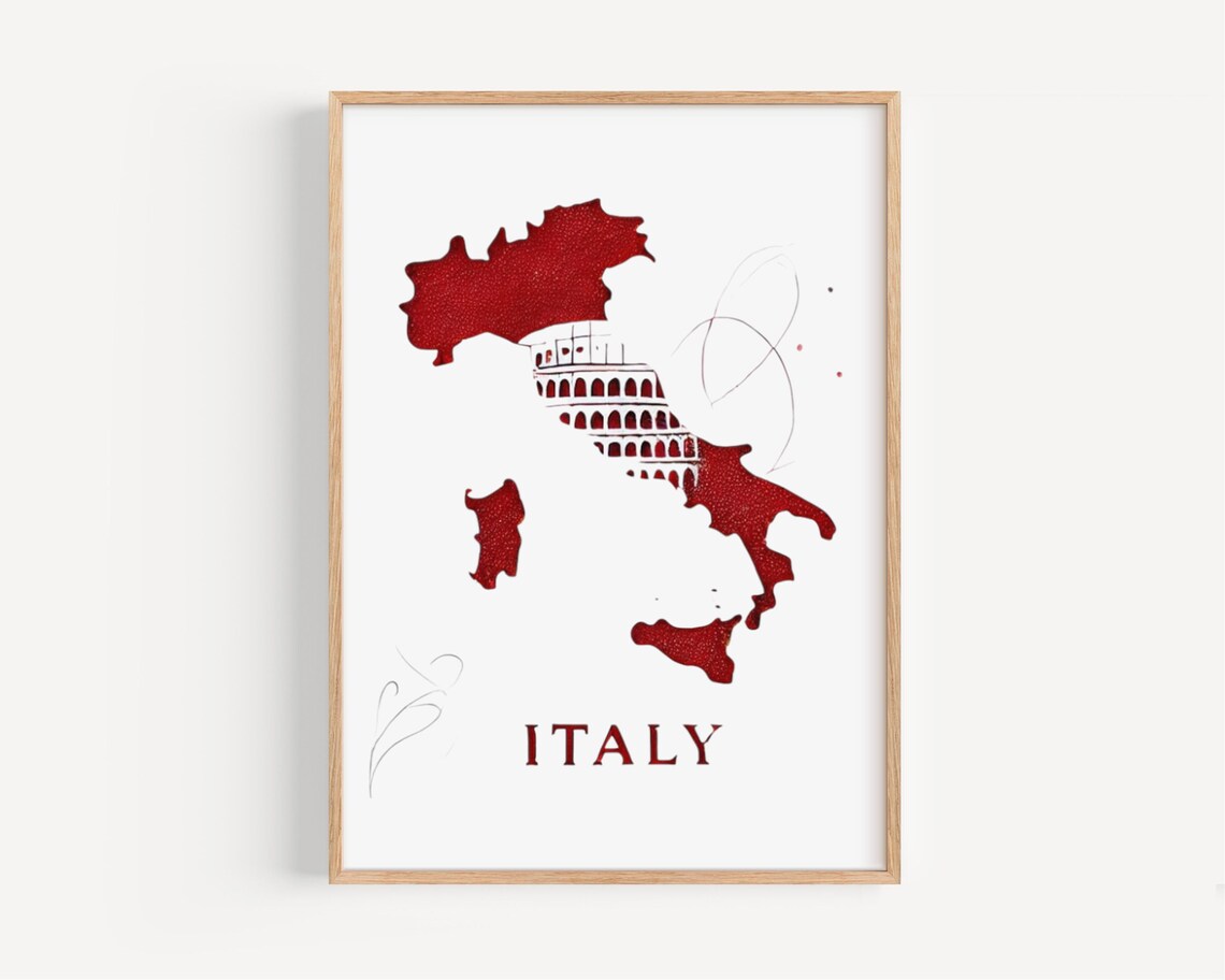 Italy Red Map With Colosseum Historic Roman Landmark Art Poster