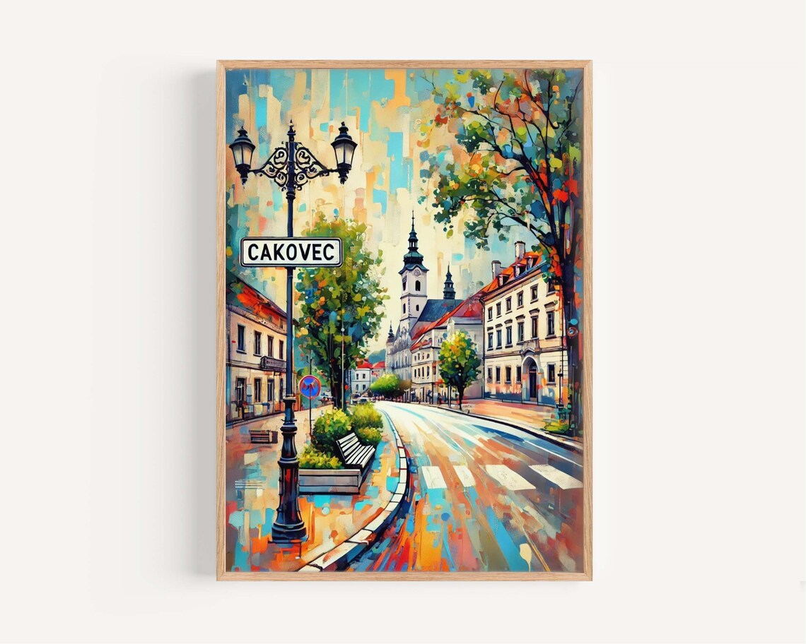 Čakovec Croatia Charming Old Town Street Lamp Watercolor Art Poster