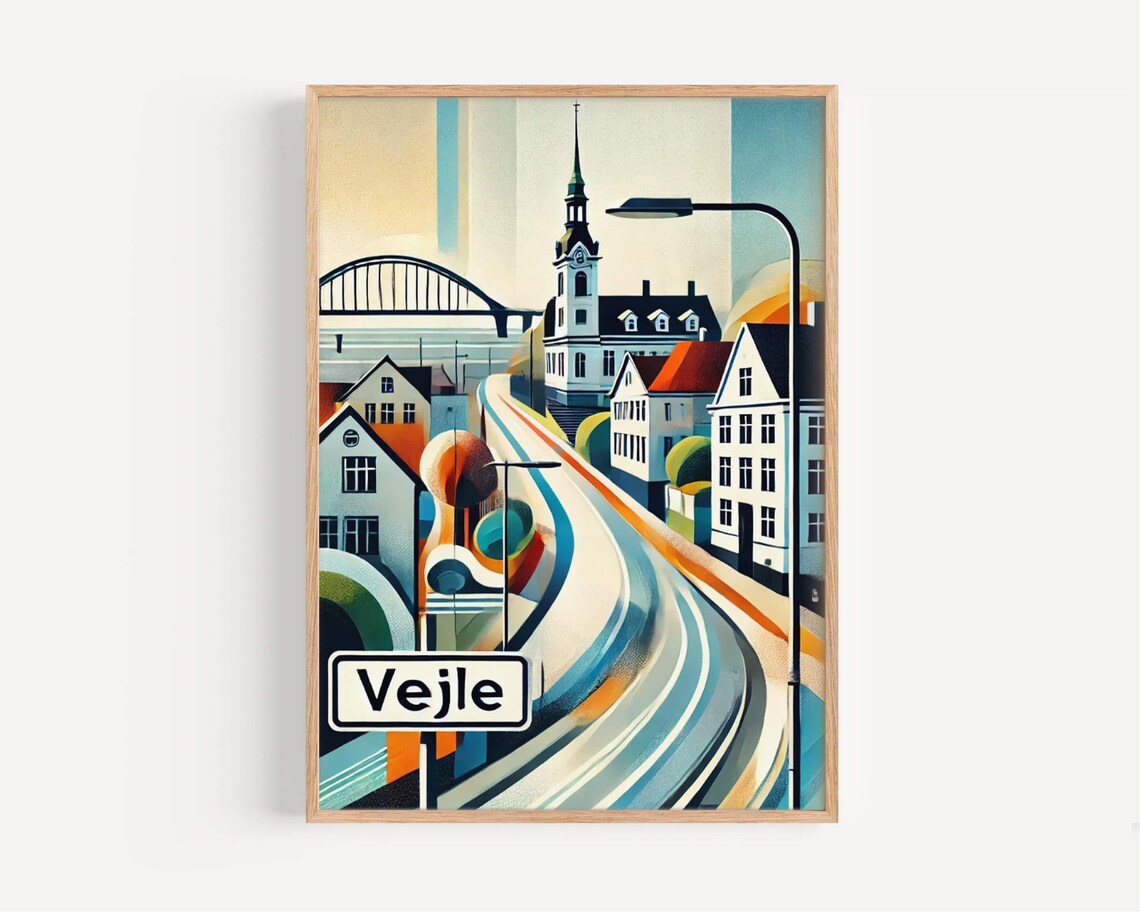 Vejle Denmark Colorful Illustrated Old Town Street Scene Poster